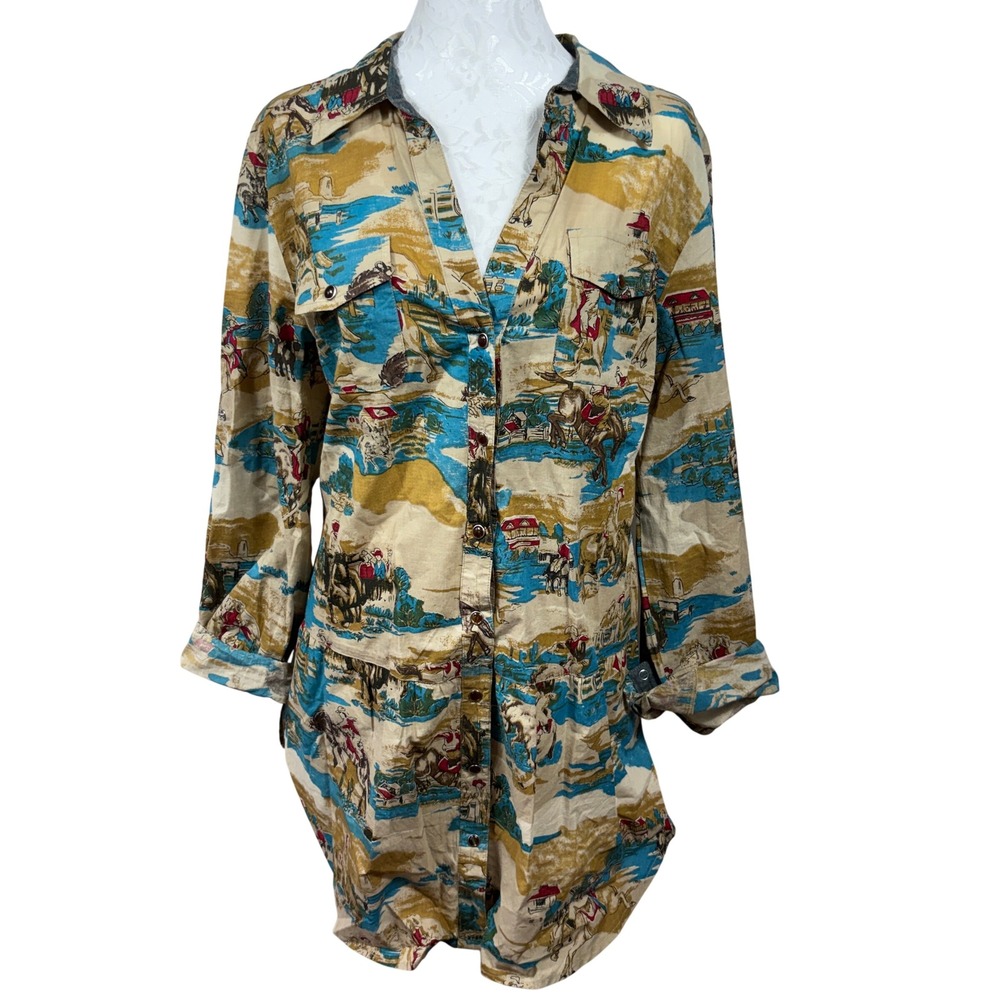 Tasha Polizzi Multicolor Western Cowboy Button Down Tunic Shirt Dress Womens XL